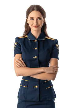 Happy flight attendant stewardess with crossed arms alone against transparent background png