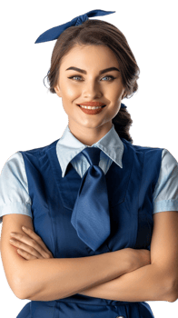 Happy flight attendant stewardess with crossed arms alone against transparent background png