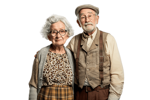 Happy grandparents wearing old fashioned clothes alone against transparent background png