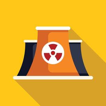 Nuclear power plant cooling tower emitting smoke with radiation symbol vector