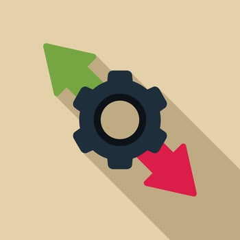 Gear turning with up and down arrows representing market volatility vector