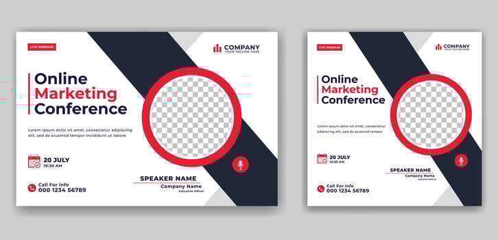 Conference live webinar banner invitation and social media post template. Marketing Strategies live webinar banner design. Online conference flyer vector