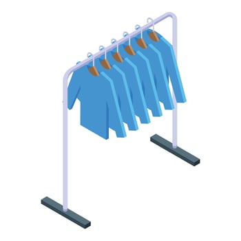 Metal rail clothes rail with hangers holding blue shirts isometric icon vector