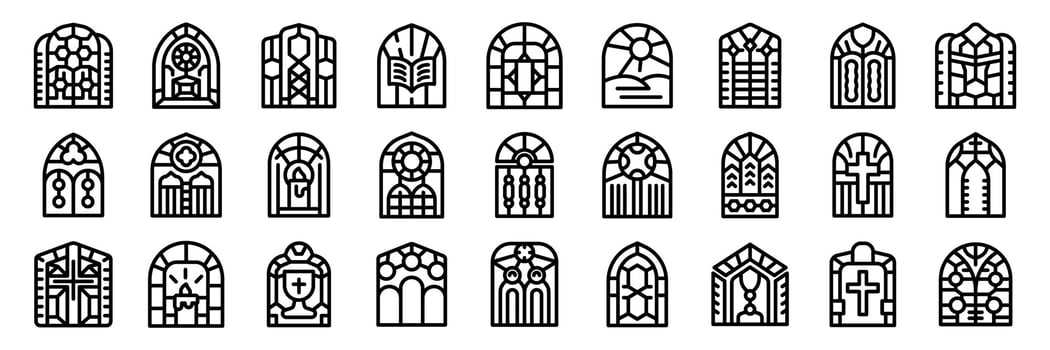 Church glass icons set. Set of arched church stained glass windows with religious symbols vector