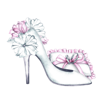 Wedding women's high-heeled shoes decorated with flowers, wedding rings on a cushion. A watercolor illustration made by hand. An isolated composition in a delicate white and pink color. For postcards. png