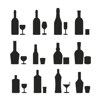 Alcoholic drinks set silhouette monochrome with assortment of bottles and glasses for serving alcohol-containing beverage in bar illustration vector