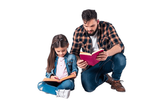 Male Teacher and Girl Student Reading Book Alone png