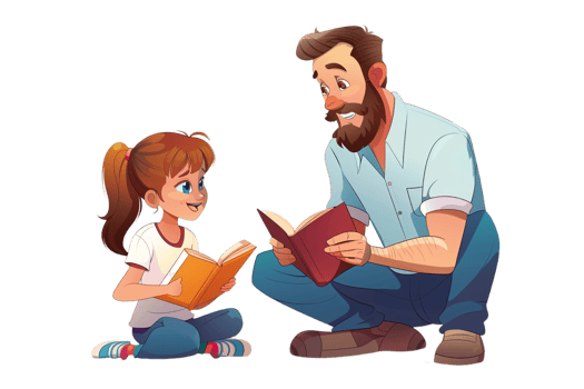 Male Teacher and Girl Student Reading Book Alone png