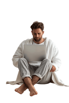 Man with crossed legs using laptop alone against transparent background png