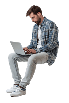 Man with crossed legs using laptop alone against transparent background png