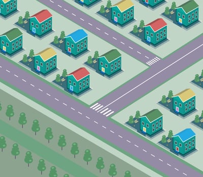 Country village district isometric illustration of a rural area with many houses, streets, recreation areas, and trees vector