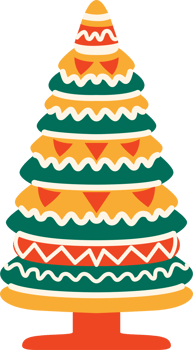 A festive Christmas tree in format, adorned with colorful ornaments and twinkling lights, perfect for adding a joyful and seasonal touch to any digital holiday project. png
