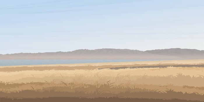 Minimalist landscape of grass field, lake and mountain ranges in autumn season flat design graphic illustrated. vector
