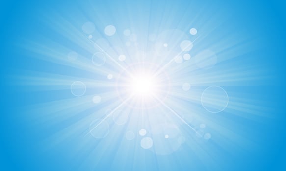 Clear sun on blue sky with lenses flare. nature bright light soft shine. vector