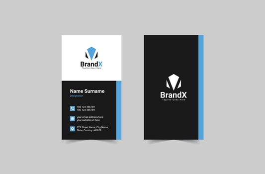 Modern Business Card Print Template. Personal visiting card with the company logo. Black and blue colors. Clean, flat design vector