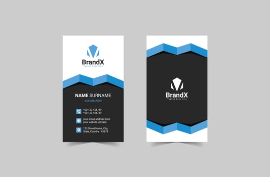 Modern Business Card Print Template. Personal visiting card with the company logo. Black and blue colors. Clean, flat design vector
