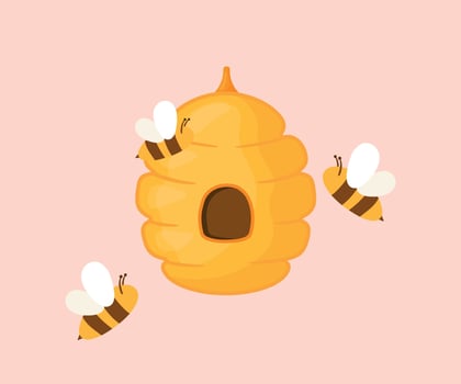 Beehive with flying bee in flat cute cartoon hand drawn illustration vector
