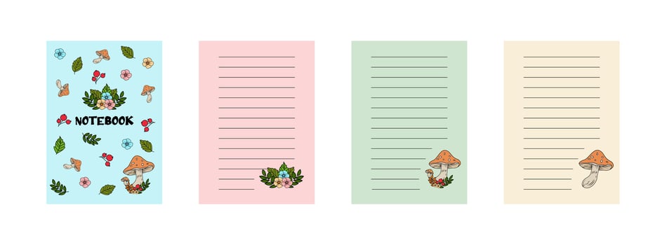 A collection of templates for note-taking with a forest theme, featuring flowers, berries, mushrooms, and leaves. Creating a notebook. vector
