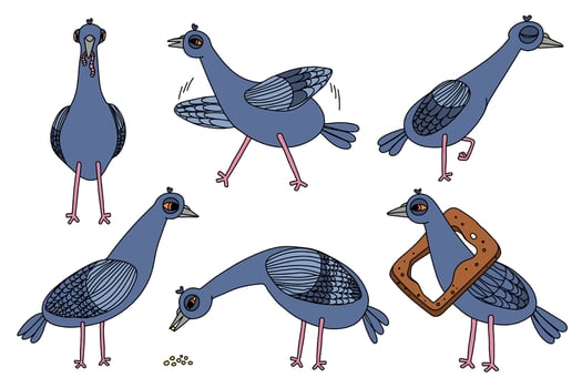 Illustration of a set of funny cartoon pigeons. vector