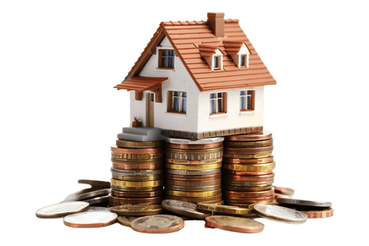 Miniature house on stack of coins alone against transparent background png