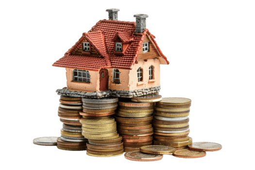 Miniature house on stack of coins alone against transparent background png