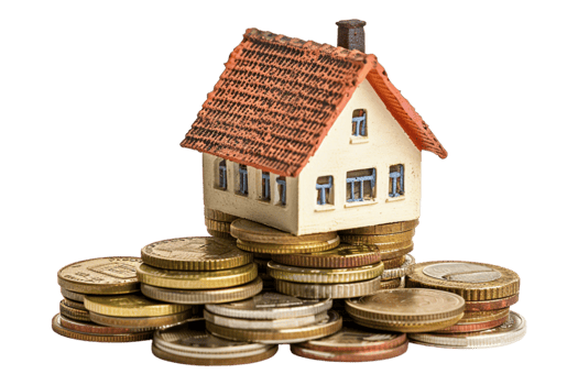 Miniature house on stack of coins alone against transparent background png