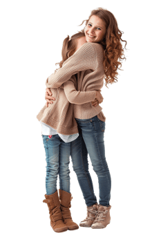 Mother and daughter hug alone against transparent background png