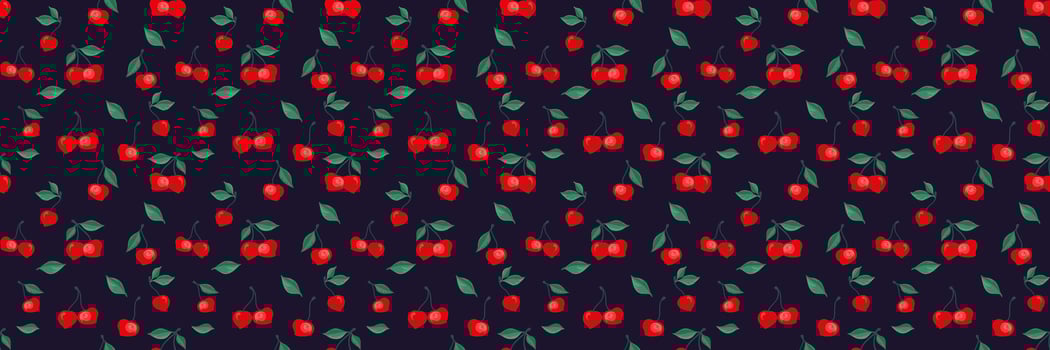 Abstract artistic tiny cherry with small leaves pattern. Creative red berries, fruits, green leaf, seamless print on a black background. hand drawing painted. Design ornament for fabric vector