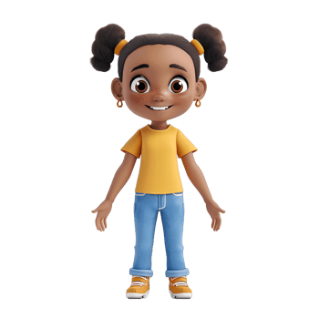 Joyful 3D Character Illustration of a Cheerful Girl with Light Brown Skin, Pigtails, a Yellow T-Shirt, and Blue Jeans Ideal for Children's Books, Animation, and Cartoon Art png