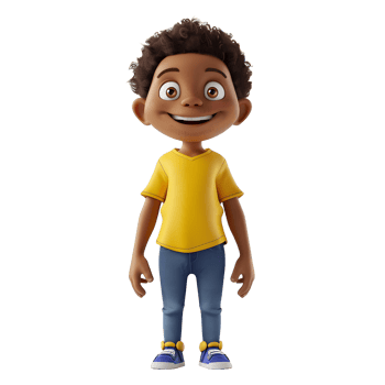Bright and Smiling Young Boy in 3D Render Light Black, Brown Skin, Yellow T-Shirt, Blue Jeans, Perfect for Happy Kids' Art, Digital Creations, and Animated png
