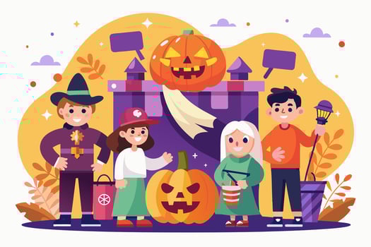 Children in halloween costumes in front of a castle with pumpkins vector