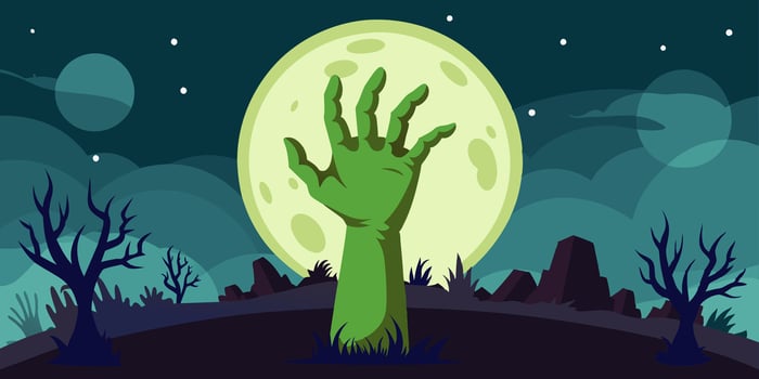 A zombie hand emerges from the ground under a full moon vector