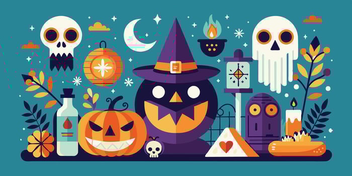A pumpkin is surrounded by halloween icons wearing a witch hat vector