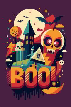 A cartoon haunted house featuring a skull and pumpkin decorations vector
