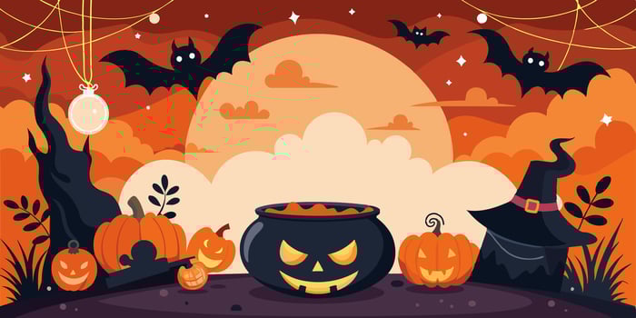 Halloween background with pumpkins, bats, cauldron, and a witch hat vector