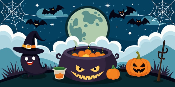 A cauldron with pumpkins and a ghost in the background vector