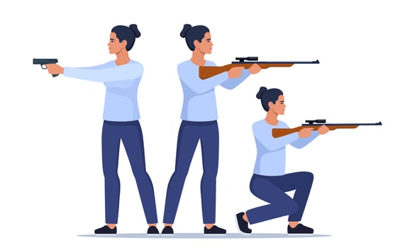 Sport shooting. Aiming woman with rifle and pistol in different poses. Outdoor hobby, shooting. Woman shooter defends property. Military outdoor skills. . vector