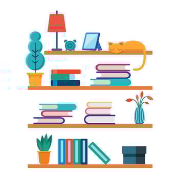 Flat bookshelves. Shelf book in room library, reading book office shelf wall interior study school bookcase and bookshelf background. vector