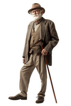 Old-fashioned old man alone against transparent background png