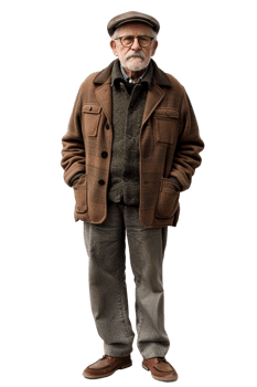 Old-fashioned old man alone against transparent background png