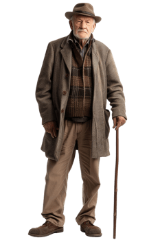Old-fashioned old man alone against transparent background png
