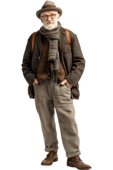 Old-fashioned old man alone against transparent background png