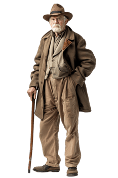 Old-fashioned old man alone against transparent background png