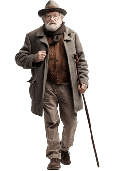 Old-fashioned old man alone against transparent background png