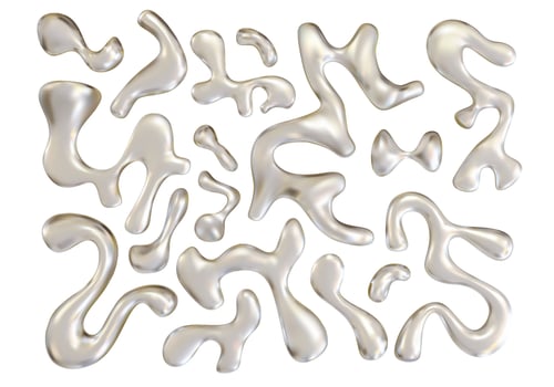Chrome liquid silver shapes isolated. Realistic metal droplets. Glossy bubbles or blots, platinum fluid with reflective surface vector