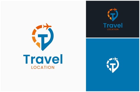 Letter T Travel Plane Trip Airplane Flight Map Pin Point Location Logo Design Illustration vector