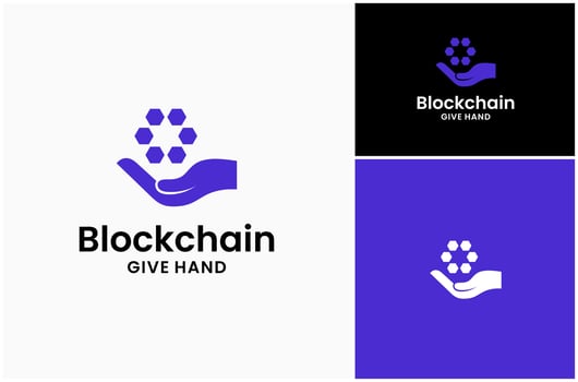 Giving Hand Present Gift Blockchain Cryptocurrency Data Technology Logo Design Illustration vector