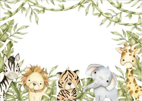 Safari watercolor hand-drawn illustration, frame with baby elephant, lion, tiger, zebra, giraffe and tropical leaves, creeper for kids vector