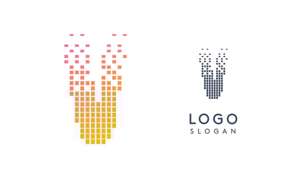 Pixelated Letter V transitioning into scattered pixels with gradient colors creating modern, digital effect like equalizer. Abstract logo for tech software and digital media. illustration. vector