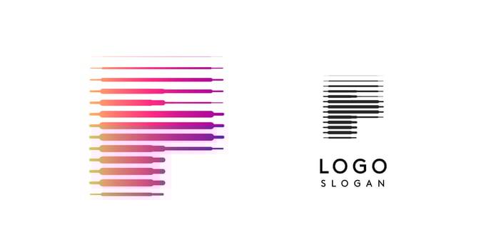 Abstract wide letter F, logo with horizontal gradient lines, dynamic gradient logotype for tech companies, software development, and innovative brands. illustration. vector